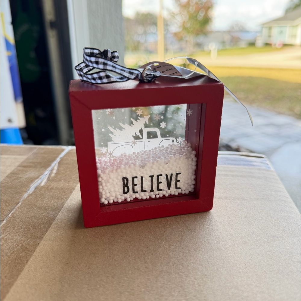 Hobby Lobby Red 'Believe' Ornament with Truck Scene